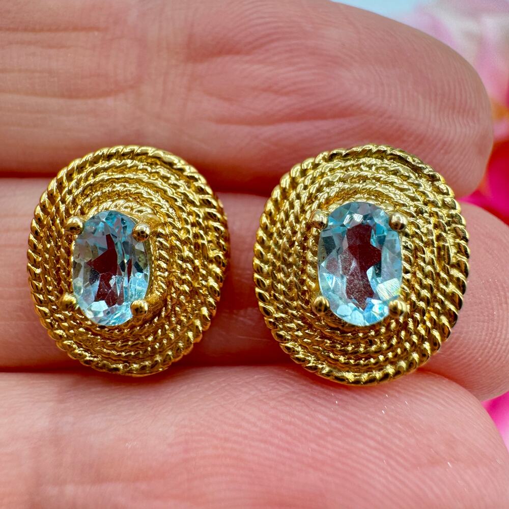 Vintage Topaz Stud Earrings Light Blue Oval Rope Bezel Gold Tone Prong Set Chic